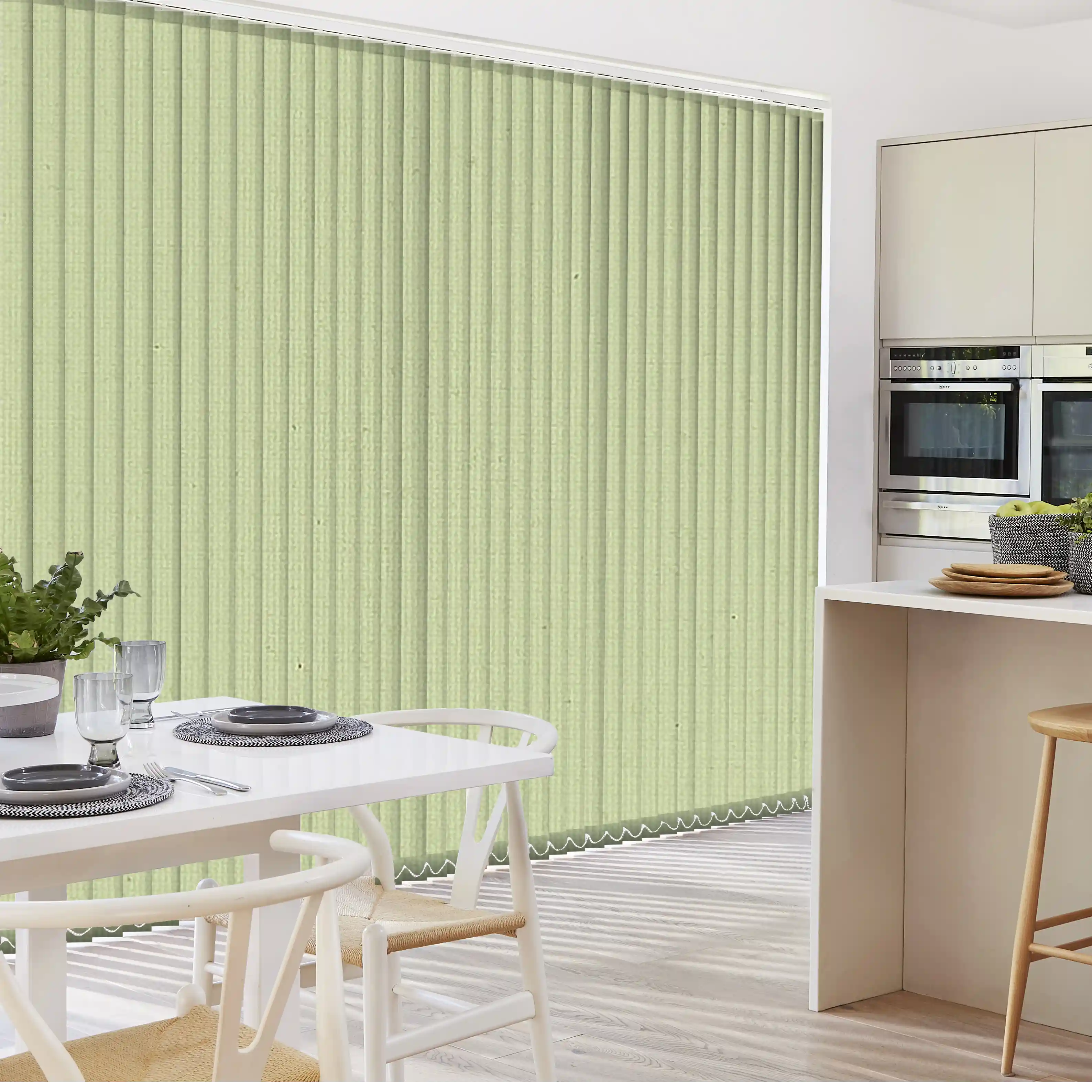 Pear Green blackout vertical blinds offering living room light control